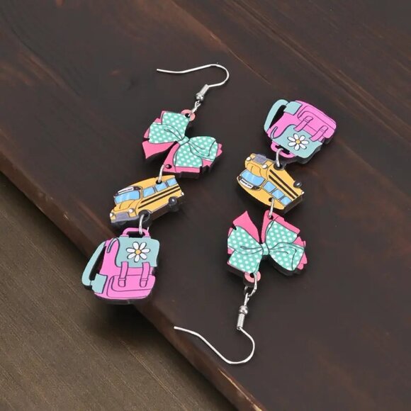 (5/$25‎ SALE ✅) 2D Theme Wooden Ear Art School Bus Backpack Dangle Drop Earrings - Picture 4 of 6